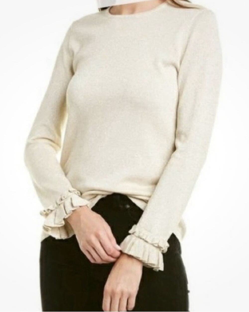 J. McLaughlin Rayne Sweater Gold Metallic Ruffle Cuff Hem Sweater Medium NWT